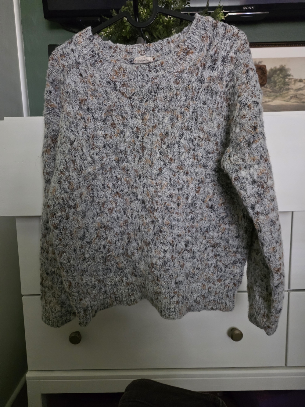 Hem & Thread Gray Speckled Crew Neck Sweater with Brown Flecks